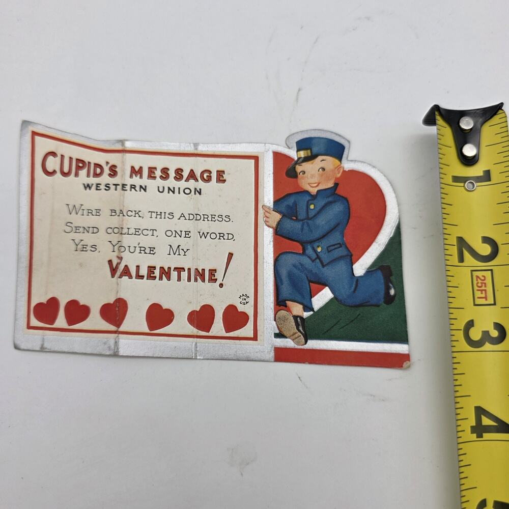 Vintage 1938 Western Union Cupid’s Message Valentine Messenger Boy Card USA